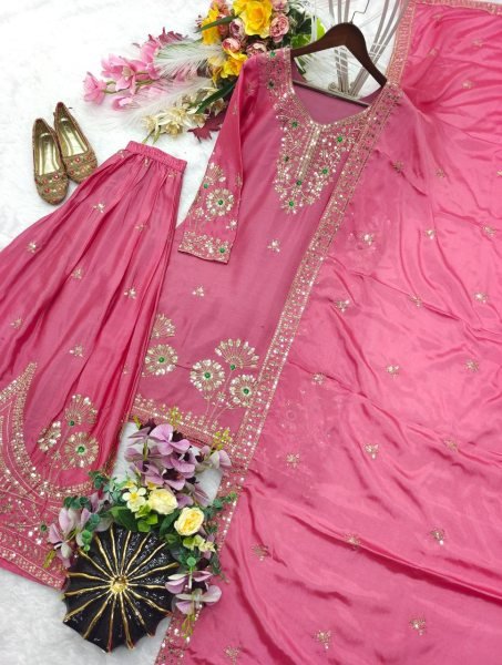 Pink Premium Satin Silk Embroidered Top Sharara Dupatta Set at Wholesale Rate Ready To Wear Collection