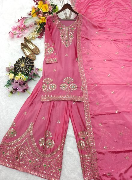 Pink Premium Satin Silk Embroidered Top Sharara Dupatta Set at Wholesale Rate Ready To Wear Collection