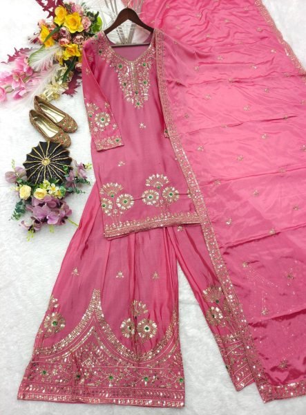 Pink Premium Satin Silk Embroidered Top Sharara Dupatta Set at Wholesale Rate Ready To Wear Collection