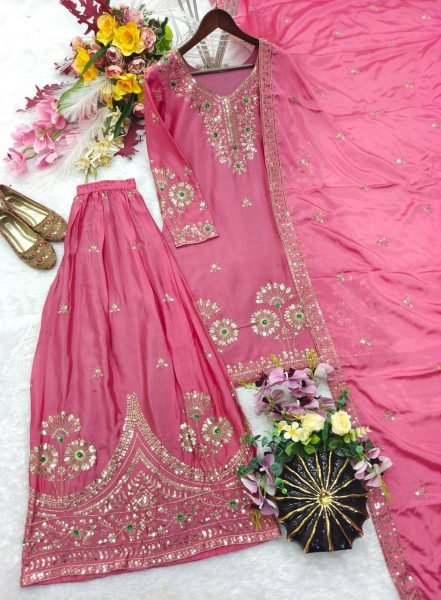 Pink Premium Satin Silk Embroidered Top Sharara Dupatta Set at Wholesale Rate Ready To Wear Collection