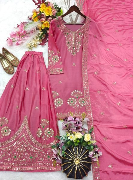 Pink Premium Satin Silk Embroidered Top Sharara Dupatta Set at Wholesale Rate Ready To Wear Collection
