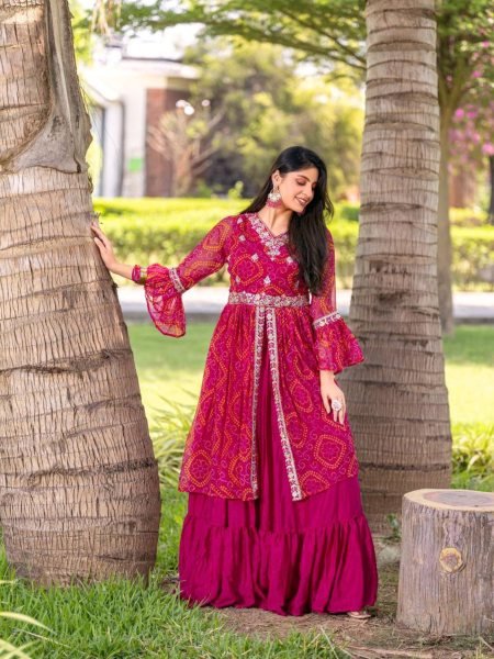 Pink Pure Bandhrej Heavy Embroidery With Thread Work Choli   Attached Shrug Wedding Wear Outfit 