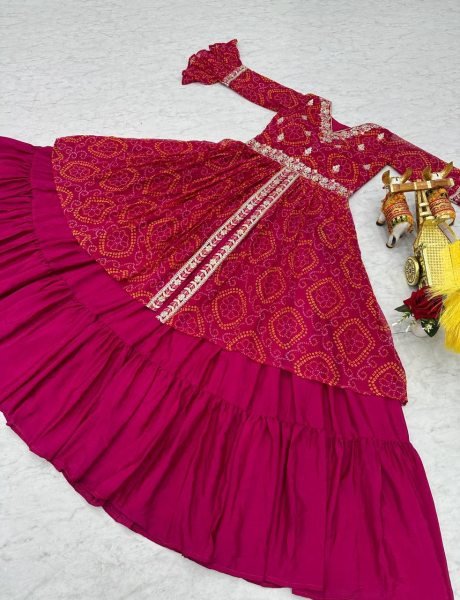 Pink Pure Bandhrej Heavy Embroidery With Thread Work Choli   Attached Shrug Wedding Wear Outfit Anarkali Kurtis 
