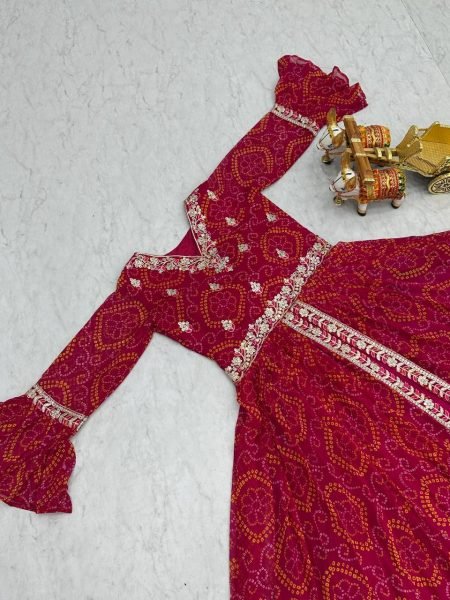 Pink Pure Bandhrej Heavy Embroidery With Thread Work Choli   Attached Shrug Wedding Wear Outfit Anarkali Kurtis 