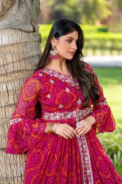Pink Pure Bandhrej Heavy Embroidery With Thread Work Choli   Attached Shrug Wedding Wear Outfit Anarkali Kurtis 
