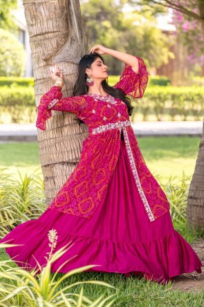Pink Pure Bandhrej Heavy Embroidery With Thread Work Choli   Attached Shrug Wedding Wear Outfit Anarkali Kurtis 