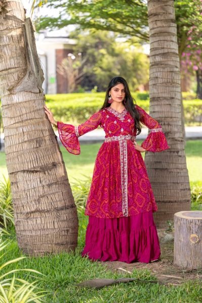 Pink Pure Bandhrej Heavy Embroidery With Thread Work Choli   Attached Shrug Wedding Wear Outfit Anarkali Kurtis 