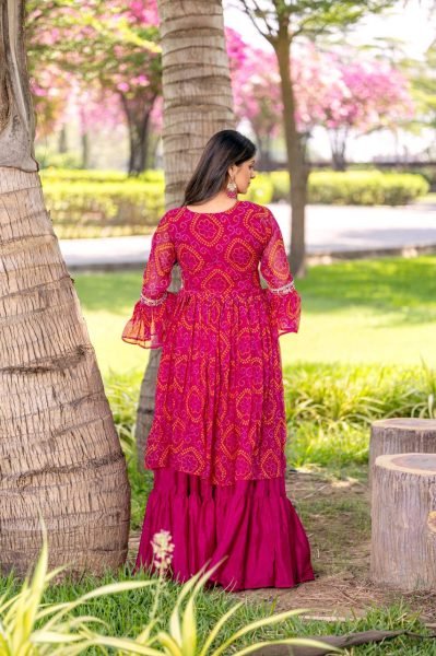 Pink Pure Bandhrej Heavy Embroidery With Thread Work Choli   Attached Shrug Wedding Wear Outfit Anarkali Kurtis 
