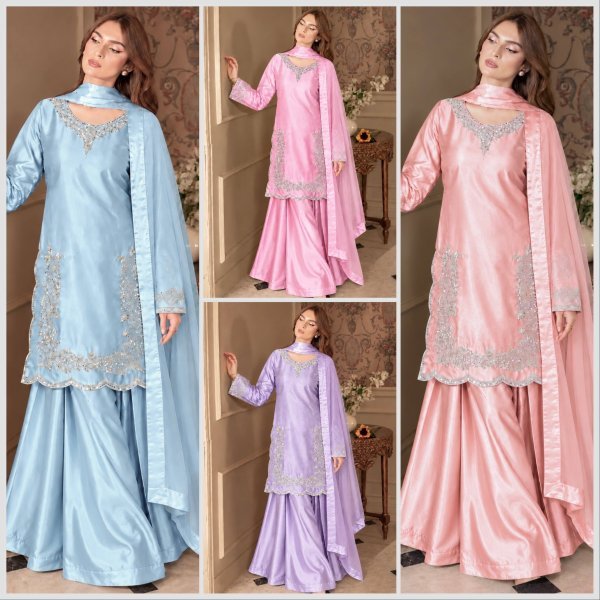 Pink Pure Devsena Silk Top Plazzo Dupatta Set with Embroidery and Sequins at Wholesale  Ready To Wear Collection