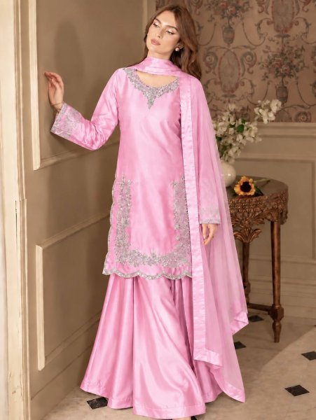 Pink Pure Devsena Silk Top Plazzo Dupatta Set with Embroidery and Sequins at Wholesale  Ready To Wear Collection