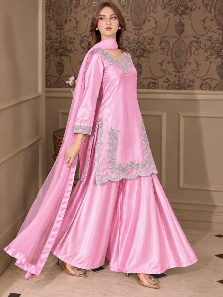 Pink Pure Devsena Silk Top Plazzo Dupatta Set with Embroidery and Sequins at Wholesale  Ready To Wear Collection