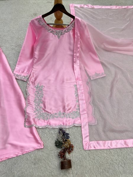 Pink Pure Devsena Silk Top Plazzo Dupatta Set with Embroidery and Sequins at Wholesale  Ready To Wear Collection