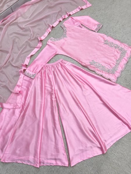 Pink Pure Devsena Silk Top Plazzo Dupatta Set with Embroidery and Sequins at Wholesale  Ready To Wear Collection