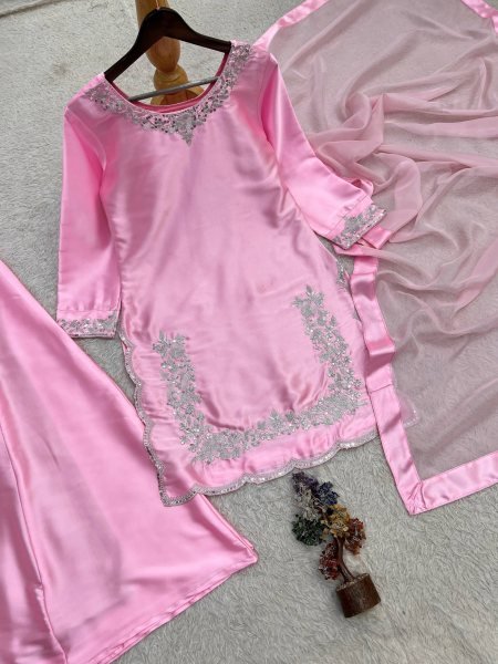 Pink Pure Devsena Silk Top Plazzo Dupatta Set with Embroidery and Sequins at Wholesale  Ready To Wear Collection