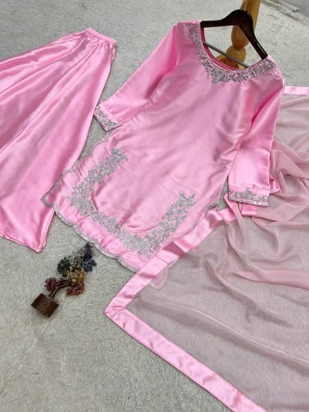 Pink Pure Devsena Silk Top Plazzo Dupatta Set with Embroidery and Sequins at Wholesale  Ready To Wear Collection