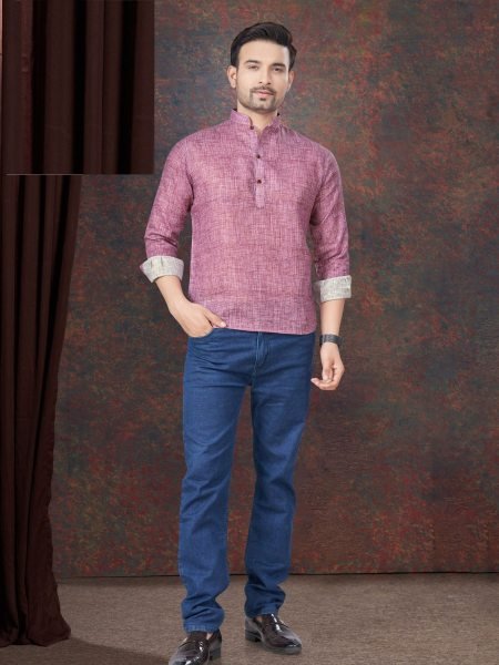 Pink Pure Linen Straight Casual Wear Readymade Short Kurta Mens Wear