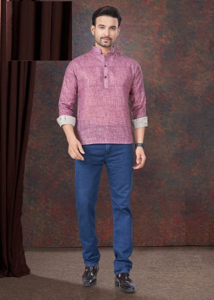 Pink Pure Linen Straight Casual Wear Readymade Short Kurta Mens Shirt