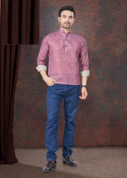 Pink Pure Linen Straight Casual Wear Readymade Short Kurta Mens Shirt