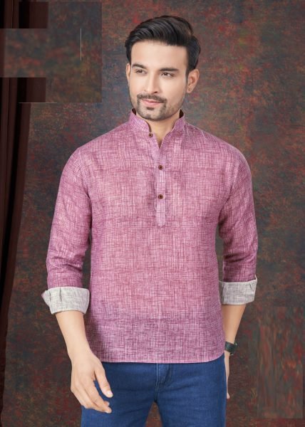 Pink Pure Linen Straight Casual Wear Readymade Short Kurta Mens Shirt