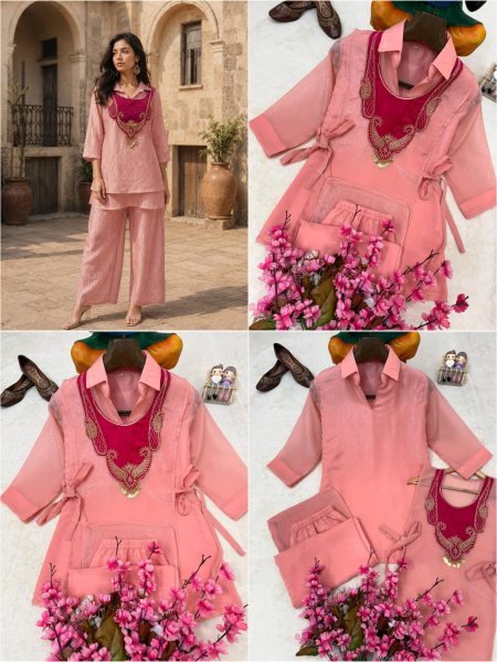 Pink Raksha Bandhan Special Premium Kurti Palazzo Koti Set for Women CO ORD Sets