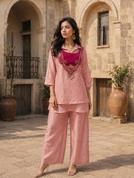 Pink Raksha Bandhan Special Premium Kurti Palazzo Koti Set for Women CO ORD Sets