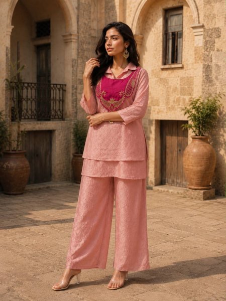Pink Raksha Bandhan Special Premium Kurti Palazzo Koti Set for Women CO ORD Sets