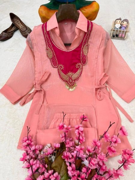 Pink Raksha Bandhan Special Premium Kurti Palazzo Koti Set for Women CO ORD Sets