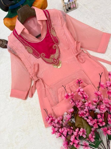 Pink Raksha Bandhan Special Premium Kurti Palazzo Koti Set for Women CO ORD Sets