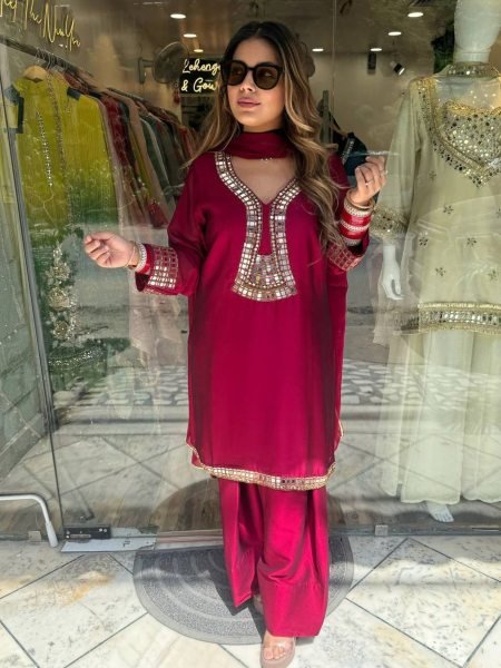 Pink Rangoli Silk Suit with Mirror and Embroidery Work Party Wear Set Ready To Wear Suit