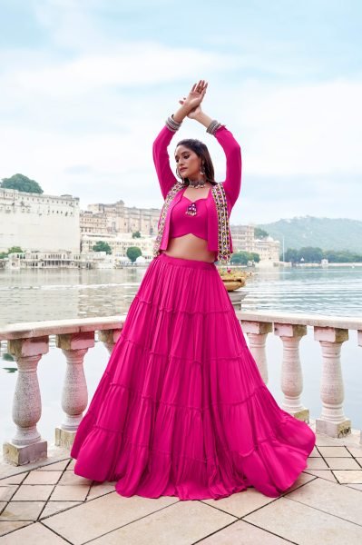 Pink Rayon Mirror Gamthi Lehenga Choli with Koti Premium Navratri Garba Outfit Navratri Lehnega Choli