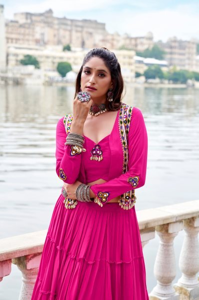 Pink Rayon Mirror Gamthi Lehenga Choli with Koti Premium Navratri Garba Outfit Navratri Lehnega Choli
