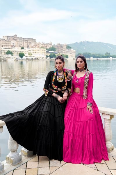 Pink Rayon Mirror Gamthi Lehenga Choli with Koti Premium Navratri Garba Outfit Navratri Lehnega Choli