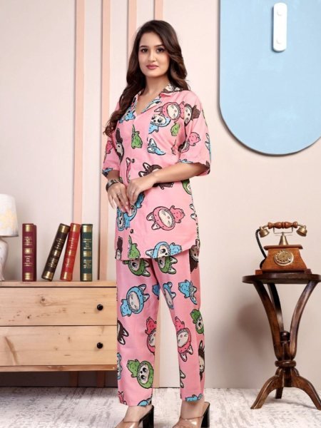 Pink Rayon Night Suit with Cartoon Digital Print Premium Comfort Wear Kurtis
