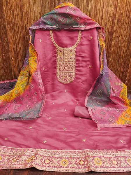 Pink Romal Silk Suit Set with Digital Organza Dupatta Elegant Ethnic Wea Color Set Matching Dress Material Wholesale