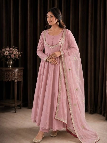 Pink Roman Cotton Anarkali Suit with Organza Embroidered Dupatta at Manufacturer  