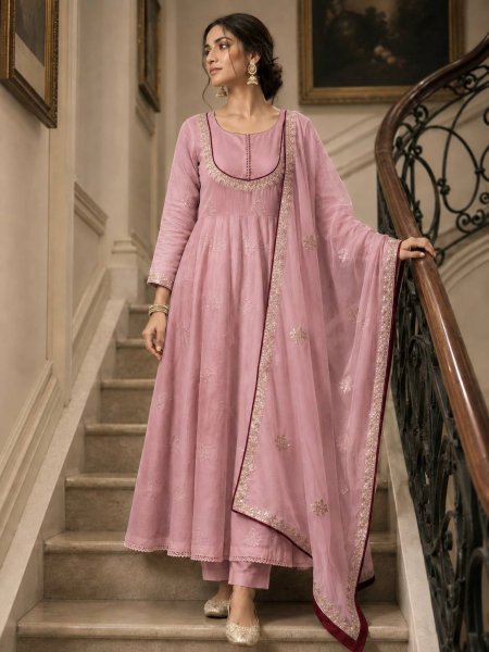 Pink Roman Cotton Anarkali Suit with Organza Embroidered Dupatta at Manufacturer  Ready To Wear Collection