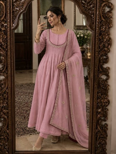 Pink Roman Cotton Anarkali Suit with Organza Embroidered Dupatta at Manufacturer  Ready To Wear Collection