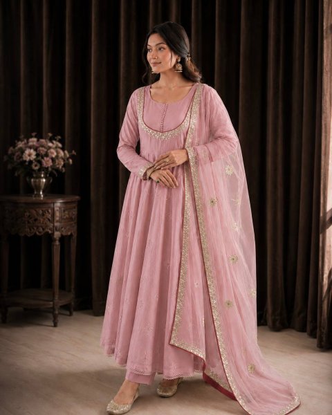 Pink Roman Cotton Anarkali Suit with Organza Embroidered Dupatta at Manufacturer  Ready To Wear Collection
