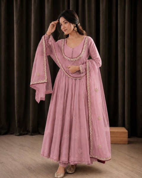 Pink Roman Cotton Anarkali Suit with Organza Embroidered Dupatta at Manufacturer  Ready To Wear Collection