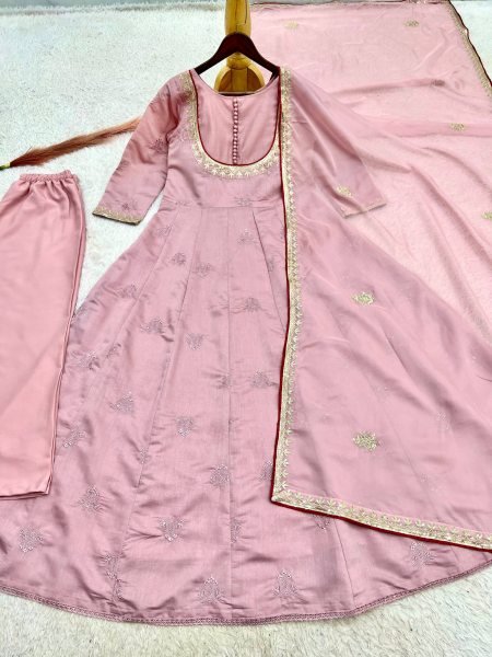 Pink Roman Cotton Anarkali Suit with Organza Embroidered Dupatta at Manufacturer  Ready To Wear Collection