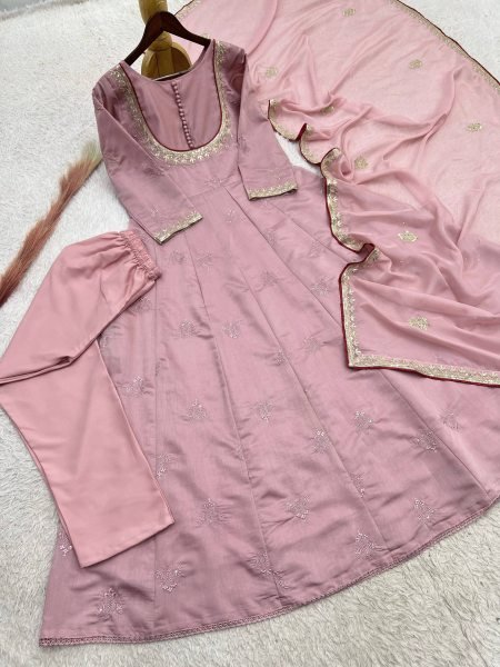 Pink Roman Cotton Anarkali Suit with Organza Embroidered Dupatta at Manufacturer  Ready To Wear Collection
