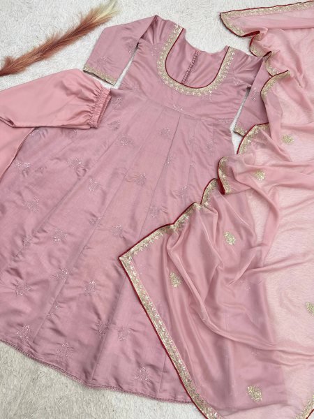 Pink Roman Cotton Anarkali Suit with Organza Embroidered Dupatta at Manufacturer  Ready To Wear Collection