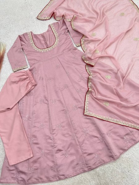 Pink Roman Cotton Anarkali Suit with Organza Embroidered Dupatta at Manufacturer  Ready To Wear Collection