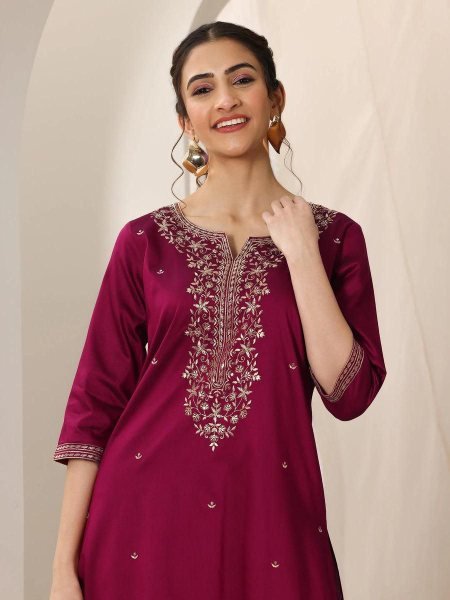 Pink Roman Silk Embroidery Kurta Pant Set with Chanderi Silk Dupatta for Celebration Wear 3 Piece Kurti Set