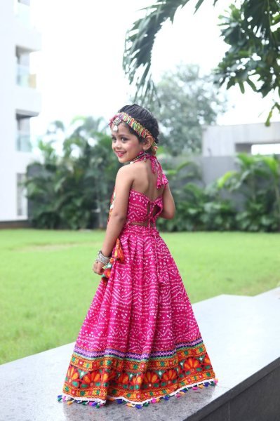 Pink Roman Silk Kids Lehenga Choli with Gota Patti Work Garba Wear Girls Wear