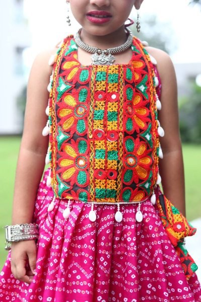 Pink Roman Silk Kids Lehenga Choli with Gota Patti Work Garba Wear Girls Wear