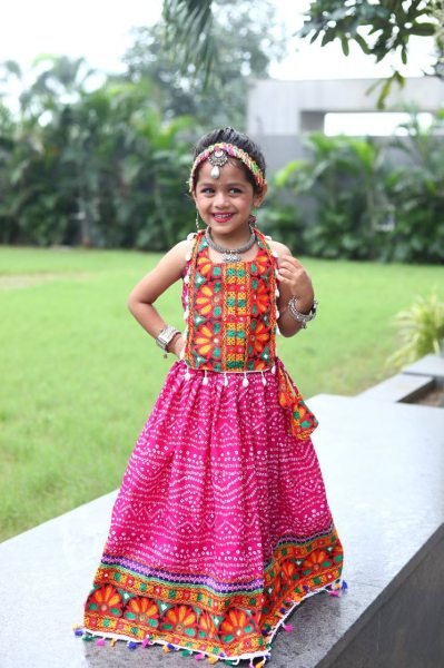 Pink Roman Silk Kids Lehenga Choli with Gota Patti Work Garba Wear Girls Wear