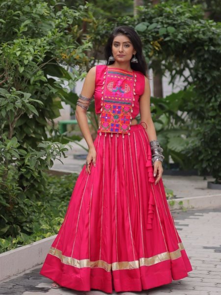 Pink Roman Silk Lehenga with Mirror Work and Gota Lace Navratri Wear  Lehenga