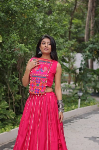 Pink Roman Silk Lehenga with Mirror Work and Gota Lace Navratri Wear Navratri Lehnega Choli