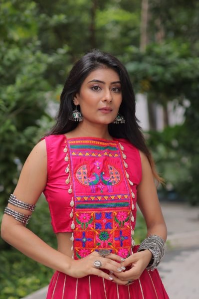 Pink Roman Silk Lehenga with Mirror Work and Gota Lace Navratri Wear Navratri Lehnega Choli
